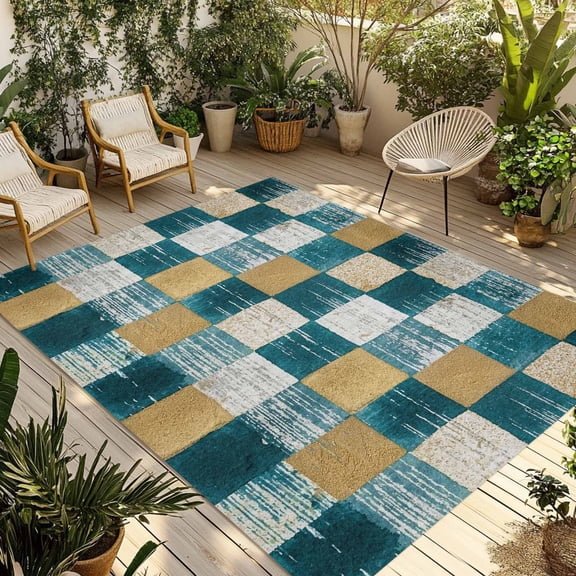 Teal Gold Mosaic Outdoor Rug 4x6 ft Rustic Abstract Checkerboard Grids Non Slip Patio Rug Washable Absorbent Large Outdoor Carpet Outside Mat for Porch RV Garden Camping