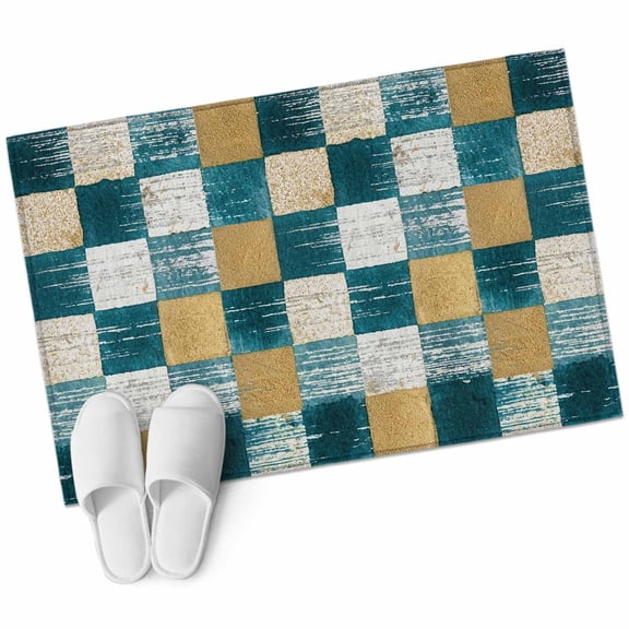 Teal Gold Mosaic Washable Small Entryway Area Rugs 2'x3', Rustic Abstract Checkerboard Grids Low Pile Throw Rug Non-Slip Sturdy Edge Binding Carpet for Front Door Floor Room Entry