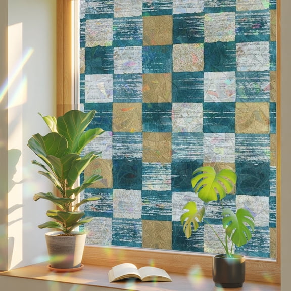 Teal Gold Mosaic Window Privacy Film, Rustic Abstract Checkerboard Grids Stained Glass Rainbow Film Decorative Window Clings, Static Cling Sun Blocking Stickers 17.7" x 39.3"