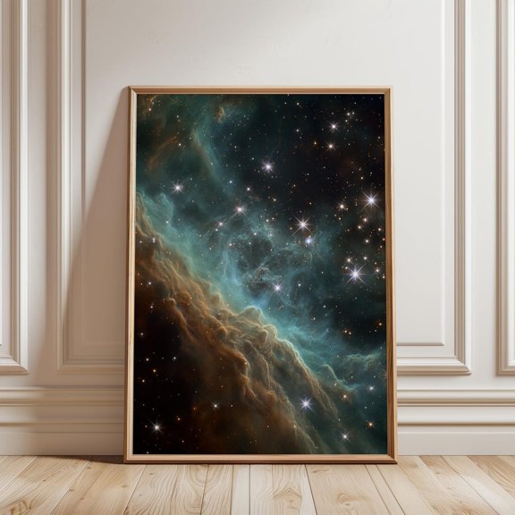 Teal Gold Nebula Print Cosmic Clouds Deep Space Wall Decor, Unframed Paper Print