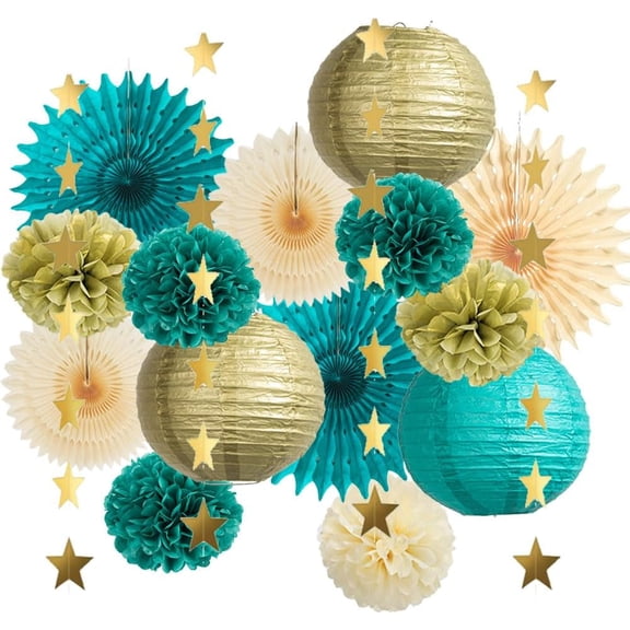 Teal and Gold Party Decorations Teal Blue Paper Lanterns Pom Poms Paper Fans Cream Teal Party Decorations with Gold Star Garland for Teal Gold Birthday Baby Shower Wedding Engagement Graduation Party