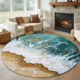 thumbnail image 1 of Teal Gold Round Living Room Rugs 8 ft, White Gradient Ocean Wave Oil Painting Style Washable Large Area Rug with Non-Slip Sturdy Edge Binding Round Carpet for Dining Room Kitchen Office, 1 of 9