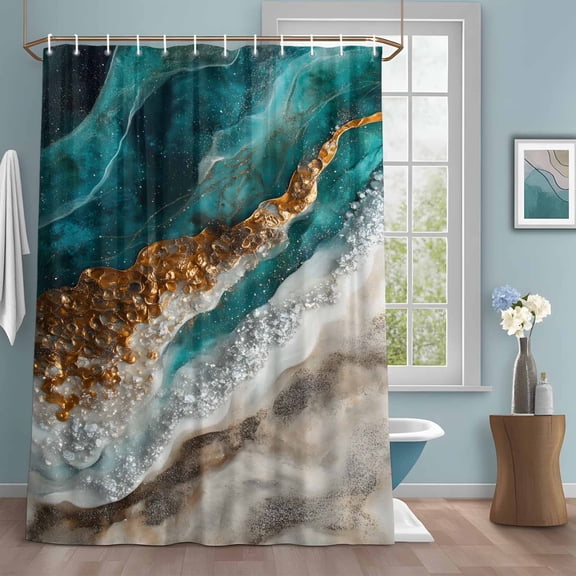 Teal Gold Shower Curtains for Bathroom, Brown Gradient Wave Abstract Marble Texture Washable Fabric Shower Curtain with Hooks Waterproof Bathroom Decor Sets, 72 x 72 Inches