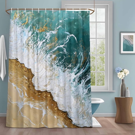 Teal Gold Shower Curtains for Bathroom, White Gradient Ocean Wave Oil Painting Style Washable Fabric Shower Curtain with Hooks Waterproof Bathroom Decor Sets, 72 x 72 Inches