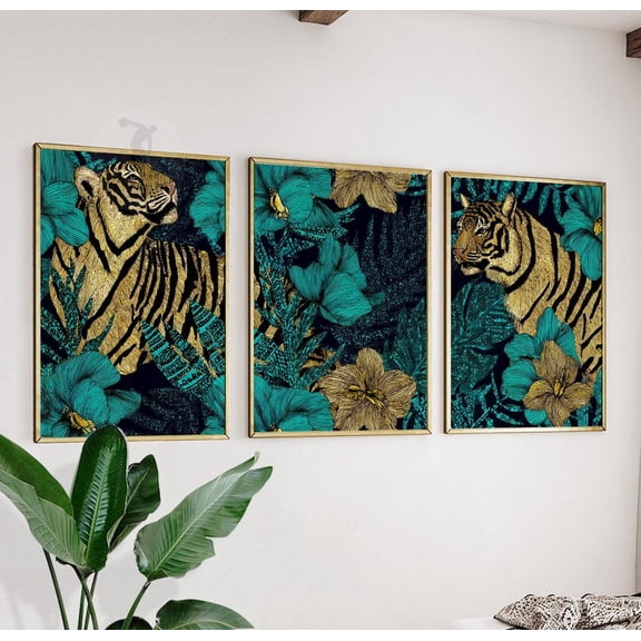 Teal Gold Tiger Jungle Animal Wall Art Set 3 Stretched Canvas 16x24