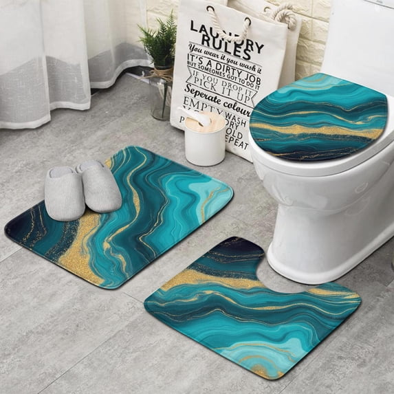Teal Gold Wave Marble Pattern Bathroom Rugs Sets 3 Piece,Toilet Cover Set,Absorbent Non Slip Bathroom Mats Sets with U-Shaped Contour Rug Toilet Rug Set