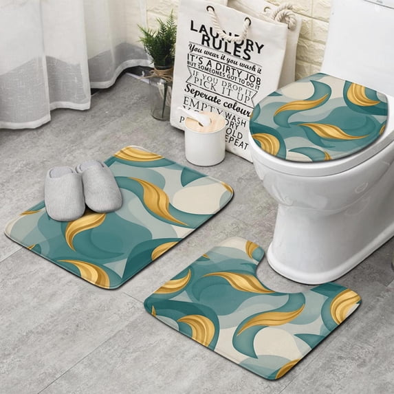 Teal Gold Wave Marble Pattern Bathroom Rugs Sets 3 Piece,Toilet Cover Set,Absorbent Non Slip Bathroom Mats Sets with U-Shaped Contour Rug Toilet Rug Set