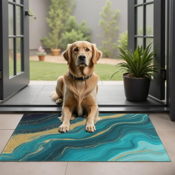 Teal Gold Wave Marble Pattern Door Rugs,Washable Non Slip Door Mats Indoor,Decorative Door Mats,Entry Mat Indoor for Entrance,Bedroom,Kitchen,Bathroom,20"x32"