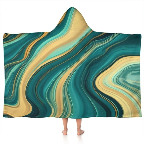 Teal Gold Wave Marble Pattern Hooded Bath Towel,50"x30" for Ages 3 To 12 Kids, Quick Dry Lightweight Soft Microfiber Hood Beach Towel Cover Up for Kids