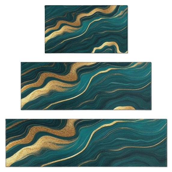 Teal Gold Wave Marble Pattern Kitchen Rugs Sets Of 3,Kitchen Runner Rugs Non Skid Washable,Decorative Kitchen Floor Mats for Kitchen,Sink,Laundry,17"x30"+ 17"x47" + 17"x59"