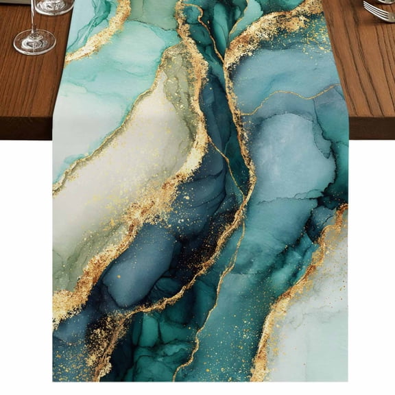 Teal Golden Marble Burlap Cotton Table Runner 13x36 Inches Short, Modern Abstract Art Marble Crack Farmhouse Table Runners, Outdoor Dining Table Decor for Baby Shower/Party/Wedding