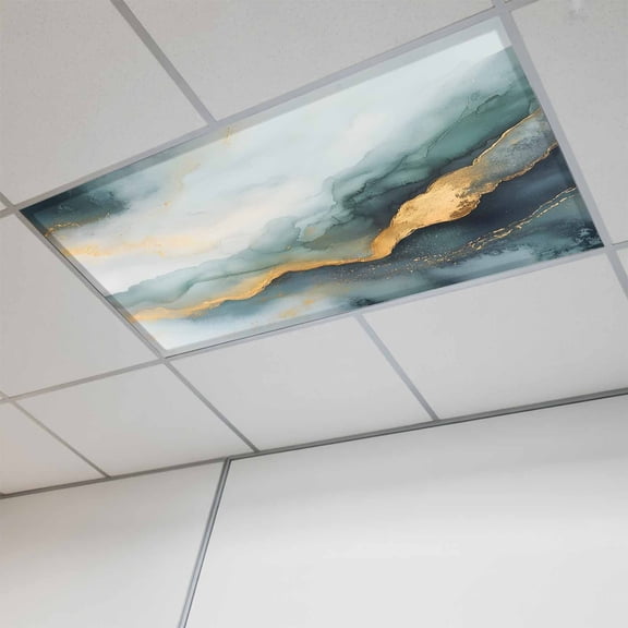 Teal Golden Marble Magnetic Fluorescent Light Covers for Ceiling Lights 2x4Ft, Modern Abstract Art Ink Painted Office Classroom Kitchen Drop Ceiling Light Covers Lighting Filters Shade Panel 1 Pack