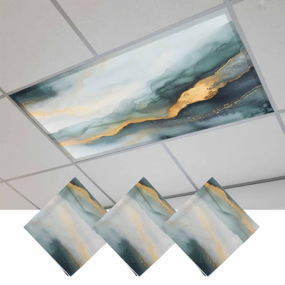 Teal Golden Marble Magnetic Fluorescent Light Covers for Ceiling Lights 2x4Ft, Modern Abstract Art Ink Painted Office Classroom Kitchen Drop Ceiling Light Covers Lighting Filters Shade Panel 3 Packs