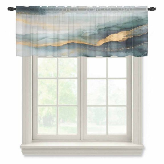 Teal Golden Marble Valance Curtains for Kitchen/Living Room/Bathroom/Bedroom Window Modern Abstract Art Ink Painted Rod Pocket Small Topper Half Short Window Curtains Voile Sheer Scarf 42"x12"