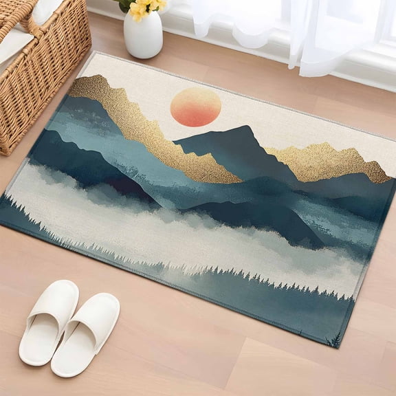 Teal Golden Mountain Bathroom Rug Washable 2x3 Entryway Rug Non Slip Tree Peaks Landscape Front Door Mat Low Pile Indoor Doormat Throw Floor Carpet for Kitchen Bedroom Entrance