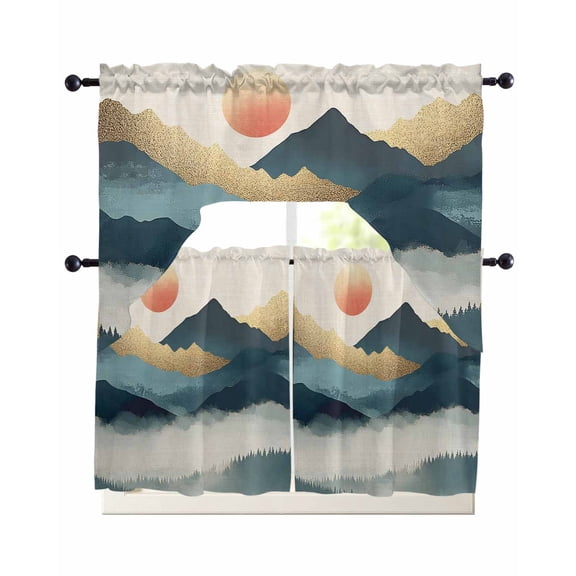 Teal Golden Mountain Kitchen Curtains Swag Valance and Tier Curtains Set 36 Inch Length, Tree Peaks Landscape Rod Pocket Drape Panels Pair Swag Curtain for Bathroom/Cafe/Window