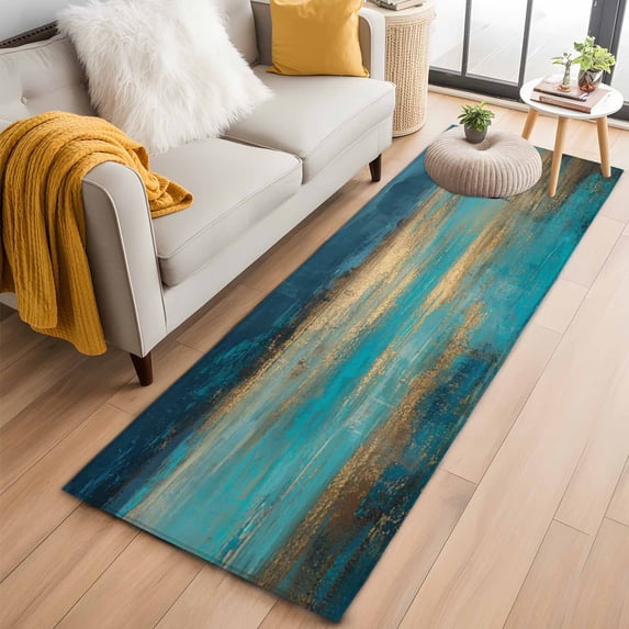 Teal Golden Oil Painting 2'x6' Runner Rugs for Hallway Kitchen Bedside Non Slip Washable, Modern Art Retro Abstract Entryway Rug Runners with Rubber Backing, Long Carpet Runner for Laundry Room