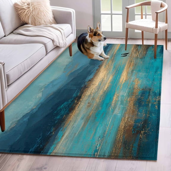 Teal Golden Oil Painting Area Rug 4x6 Washable Rug Non Slip Modern Art Retro Abstract Large Area Rug Indoor Floor Carpet for Entryway Bedroom Kitchen Living Room Home Office Dining Room Nursery