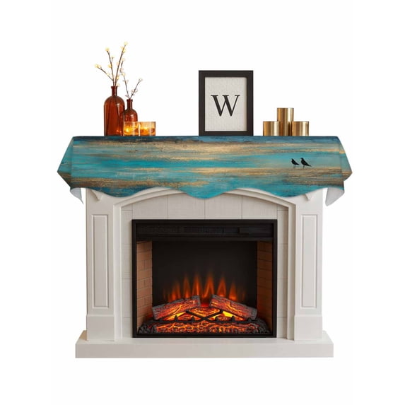 Teal Golden Oil Painting Fireplace Mantel Scarf Cover 60"Wx17"L,Fireplace Mantel Shelf Top Runner,Modern Art Retro Abstract Mantle Dresser Scarves Table Runner for Holiday Party Living Room Decor