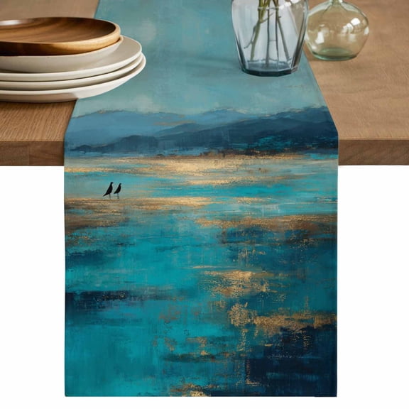 Teal Golden Oil Painting Table Runner, Modern Art Retro Abstract Washable Cotton Linen Table Runners 36 Inches Long, Dresser Scarf Runner for Nightstand/End Tables/Round Tables 13''x36''