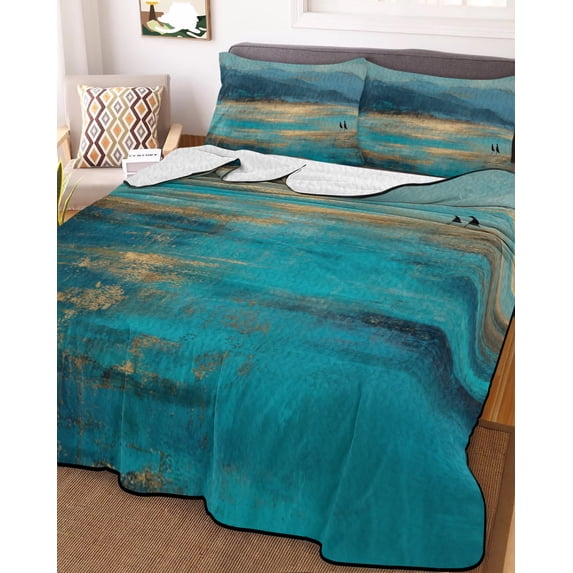 Teal Golden Oil Painting Twin XL Size Down Alternative Comforter, Lightweight Comforter Quilt Bedding Set with Pillow Shams Modern Art Retro Abstract All Seasons Bed Comforter Duvet Insert 68"x98"