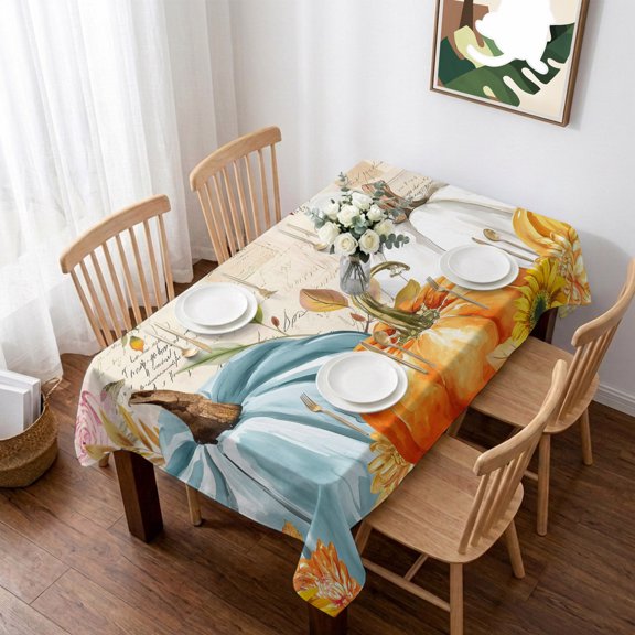Teal Golden-Yellow Pumpkins Fall Table Cloth Waterproof Tablecloths, Thanksgiving Leaves Botanical Tablecloth Dining Table Cover for Kitchen Party Tabletop Outdoor, Rectangle Tablecloth 52x70 Inch