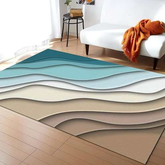 Teal Gradient Area Rug, Abstract Geometric Blue Brown Beach Sea Waves Indoor Non Slip Print Rugs, Machine Washable Durable Carpet For Living Room Bedroom Kitchen Dining Room 2x3ft