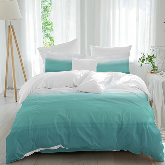 Teal Gradient Bedding Duvet Cover Set Queen Size 4 Pieces, Modern Teal White Ocean Abstract Bedding Set with Zipper Closure, 1 Comforter Cover 90x90 Inches 1 Flat Sheet & 2 Pillow Cases