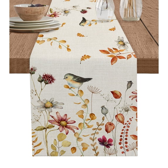 Teal Gradient Flower Plant Bird Table Runner Home Wedding Table Flag Mat Centerpieces Decoration Party Dining Long Tablecloth