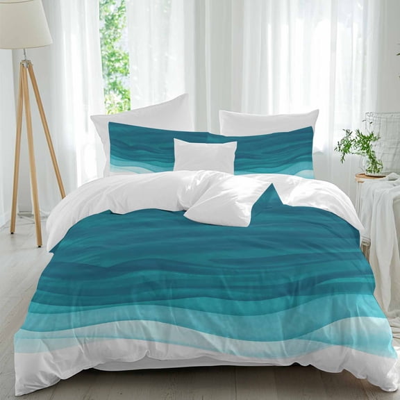 Teal Gradient Full Size Comforter Set, Watercolor Abstract Teal Gradient Water Ripples Bedding for All Seasons, 4 Pcs Bed Set, 1Quiltcover (86"x86") ,1Sheet(80"x116"), 2Pillowcases (30"x20")