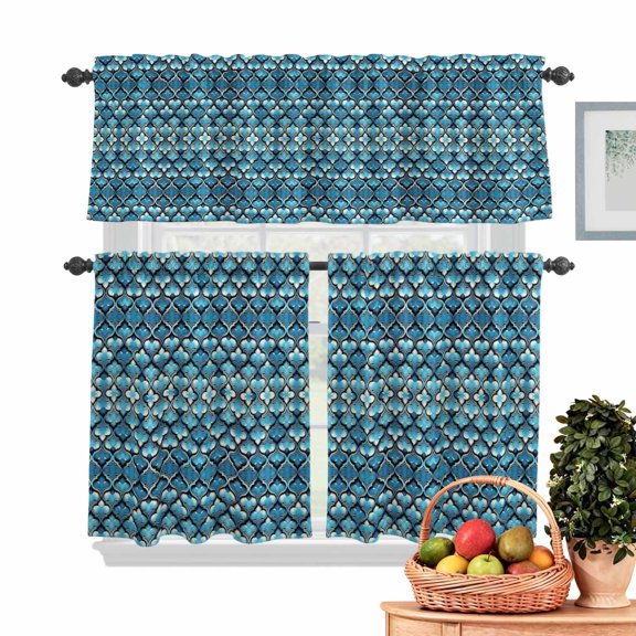 Teal Gradient Kitchen Curtains Valances 3 Piece Set, Abstract Flowers Geometric Texture Rod Pocket Tier Curtain and Valance Drapes for Small Window 24 Inch Length for Bedroom Cafe