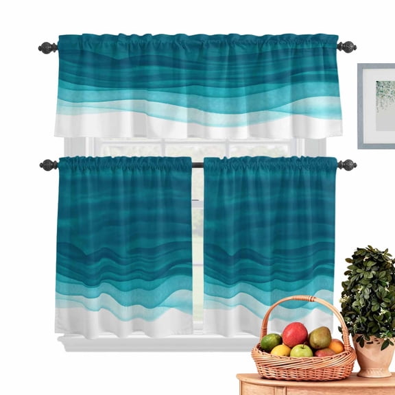 Teal Gradient Kitchen Curtains Valances 3 Piece Set, Watercolor Abstract Teal Gradient Water Ripples Rod Pocket Tier Curtain and Valance Drapes for Small Window 24 Inch Length for Bedroom Cafe