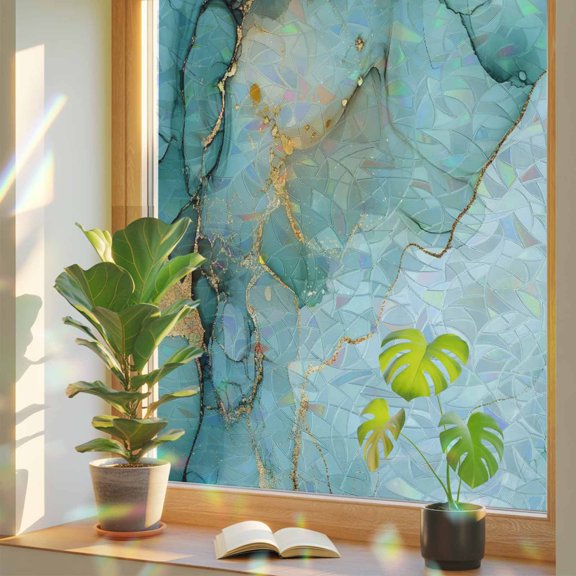 Teal Gradient Marble Gold Foil Window Privacy Film, Rainbow Film Decorative Window Sticker 17.7x39.3in, Abstract Ink Art Sun Blocking Static Stained Glass Cling Tint Non-Adhesive