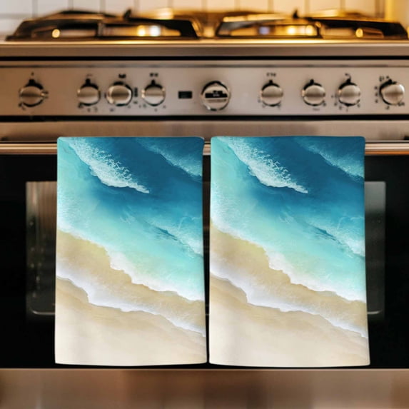 Teal Gradient Ocean Kitchen Towels Set of 1, Ombre Watercolor Coastal Beach Waves Absorbent Dish Towels for Kitchen, Microfiber Hand Towel, Quick Drying Tea Towel for Cleaning Decorative Dishcloths