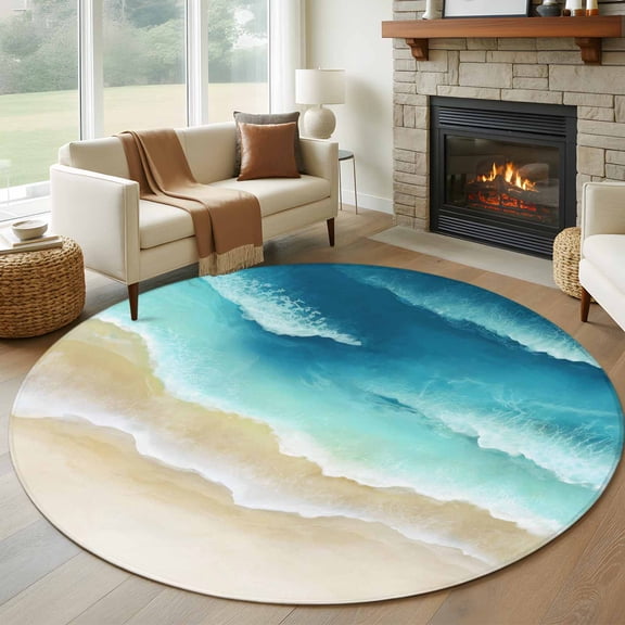 Teal Gradient Ocean Round Area Rug 6Ft Washable Circle Rugs for Bathroom Office, Ombre Watercolor Coastal Beach Waves Non-Slip Carpet Floor Mats Indoor Outdoor Carpet Runner Aesthetic Home Decor