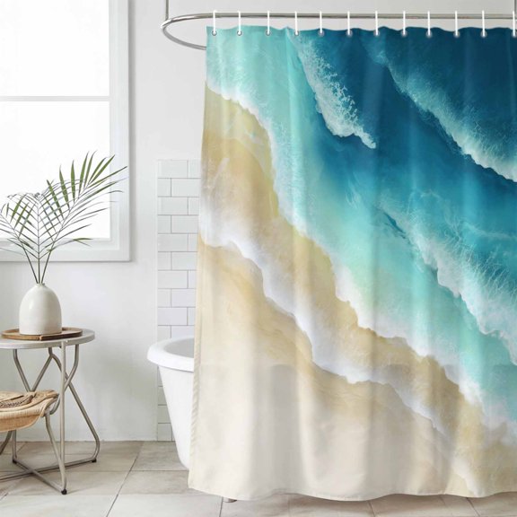Teal Gradient Ocean Standard Shower Curtain Set, Waterproof Shower Curtains for Bathroom, Ombre Watercolor Coastal Beach Waves Washable Fabric Bath Curtain for Bathtub with Hooks 72x72 Inches