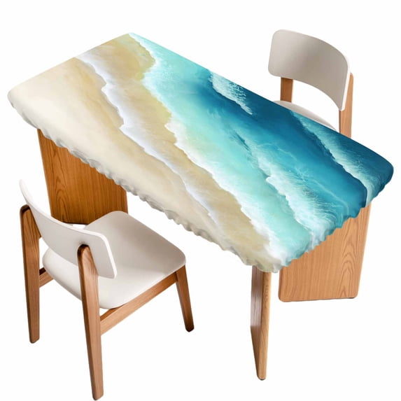Teal Gradient Ocean Table Cloths for 6 Foot Rectangle Tables, Ombre Watercolor Coastal Beach Waves Patio Waterproof Elastic Fitted Tablecloths, Washable Rectangular Table Cover for Camping