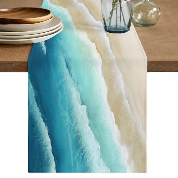 Teal Gradient Ocean Table Runner 72 Inches, Ombre Watercolor Coastal Beach Waves Bed Runner Dresser Scarves Tabletop for Indoor Outdoor Parties/Ceremony/Banquet, 14" x 72"