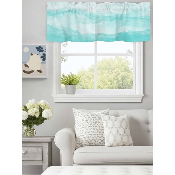 Teal Gradient Ripple Valances for Windows,Rod Pocket Valance for Kitchen Bedroom Bathroom Living Room, Turquoise Ombre Window Valance Curtain Farmhouse Home Decor Short Curtains 60x18in