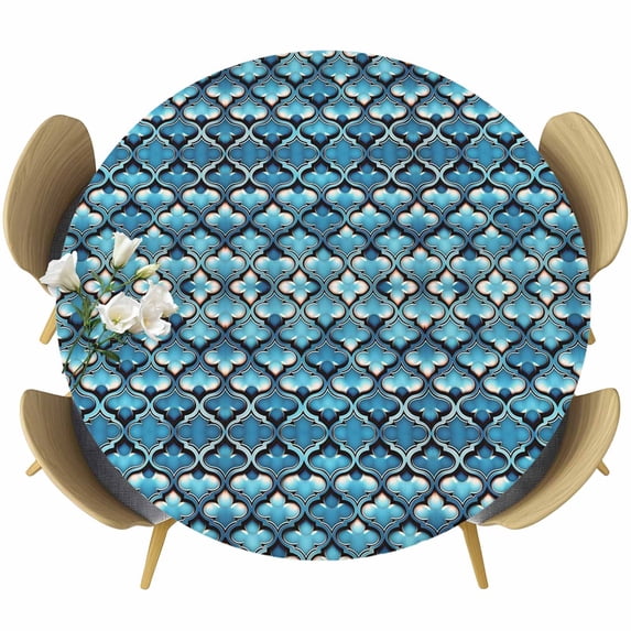 Teal Gradient Round Fitted Table Cover Abstract Flowers Geometric Texture Waterproof Table Cloth with Elastic Edge Wipeable Tablecloth for Picnic Camping Party Fits 55"-60" Diameter