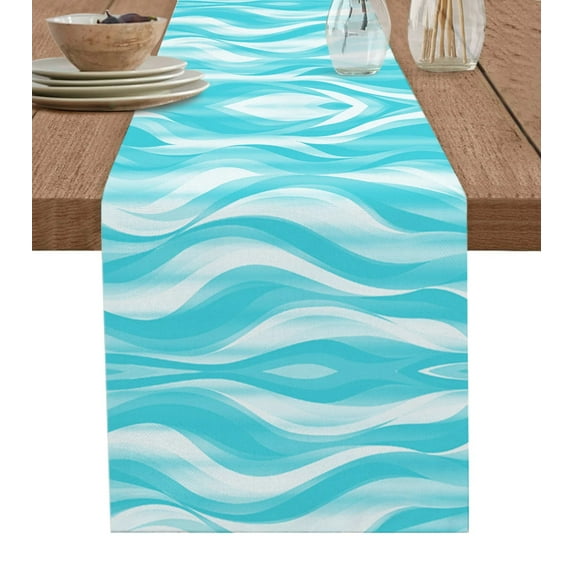 Teal Gradient Texture Marbling Watercolor Table Runner Home Wedding Table Mat Centerpieces Decoration Dining Long Tablecloth
