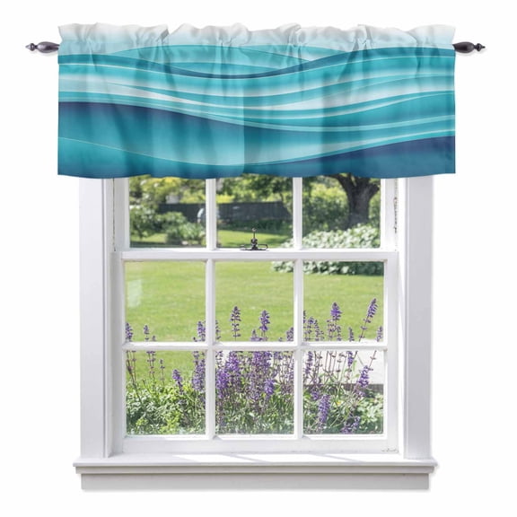Teal Gradient Valances for Windows, Fluid Wave Art Valance Window Treatment Rod Pocket Short Curtains Valances for Kitchen Bathroom 42"W x 12"L