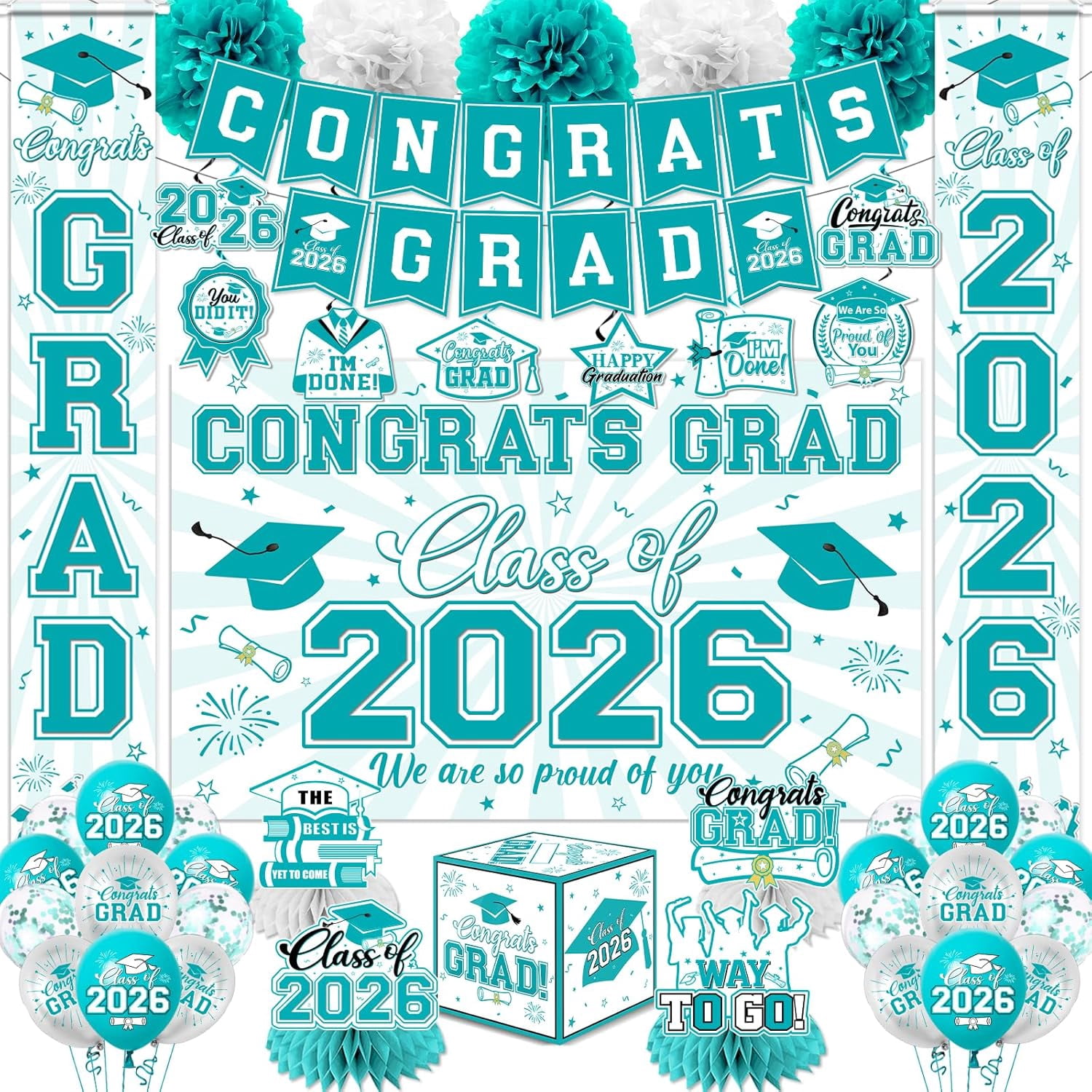 Teal Graduation Decorations 2026 Congrats Grad Banner Kit with Congrats ...