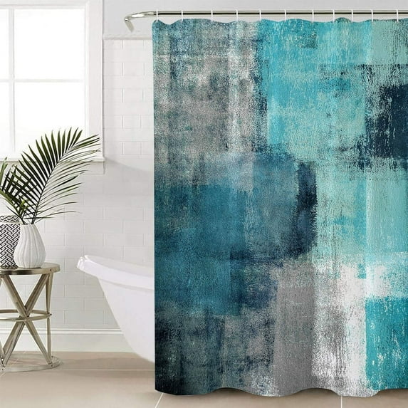Teal Graffiti Shower Curtain Teal Green Gray Abstract Art Brush Oil Painting Polyester Bath Curtain with plastic hooks Durable Waterproof Shower Curtain for Bathroom 72"x72"