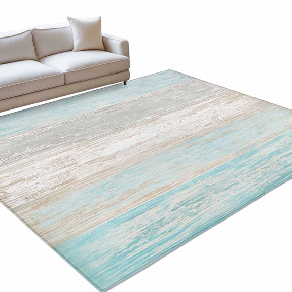 Teal Gray 5x7ft Non Slip Area Rug White Gradient Rustic Striped Minimalist Country Washable Soft Area Rugs for Living Room, Indoor Circle Carpet for Bedroom Dining Room Kitchen