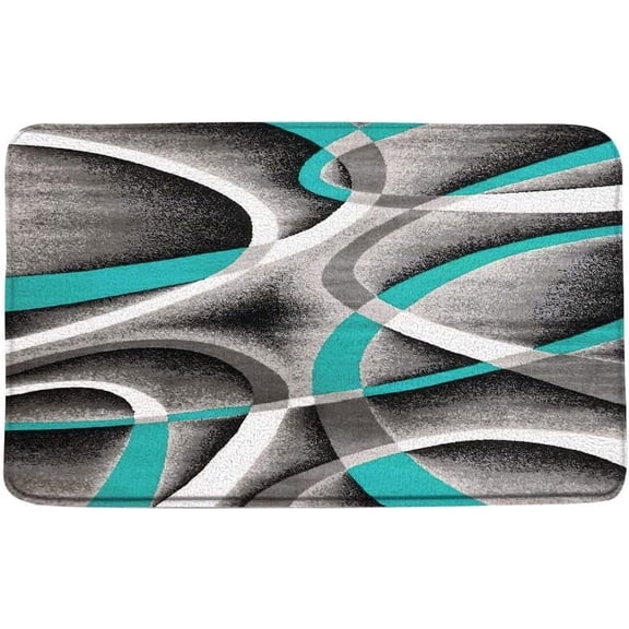 Teal Gray Bath Mat Modern Abstract Geometric Wavy Circles Swirls Striped Contemporary Minimalist Soft Microfiber Memory Foam Non Slip Backing Bathroom Rugs 30"x18"