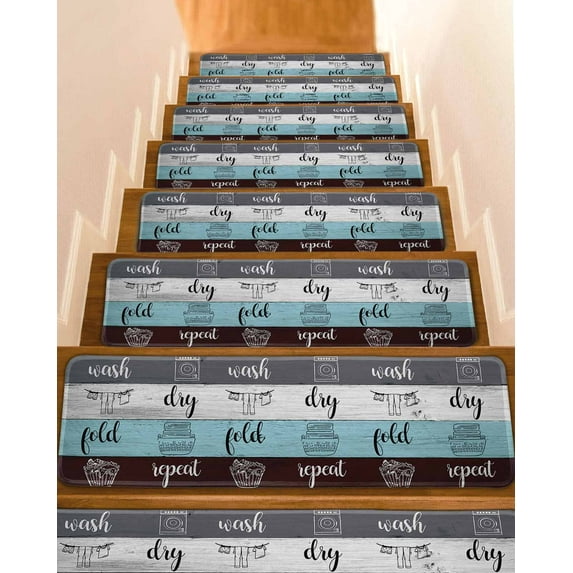 Teal Gray Brown Stair Treads for Wooden Steps Indoor Runner Rug Carpet, Vintage Art Wooden Retro 7 Pieces Peel and Stick Staircase Step Treads Covers Washable Throw Door Mats, 30"x8"
