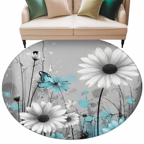 Teal Gray Daisy Butterfly Round Living Room Rugs 6 ft, Nature Floral Wildflowers Abstract Washable Area Rug with Non-Slip Sturdy Edge Binding Round Carpet for Kitchen Office Bedroom