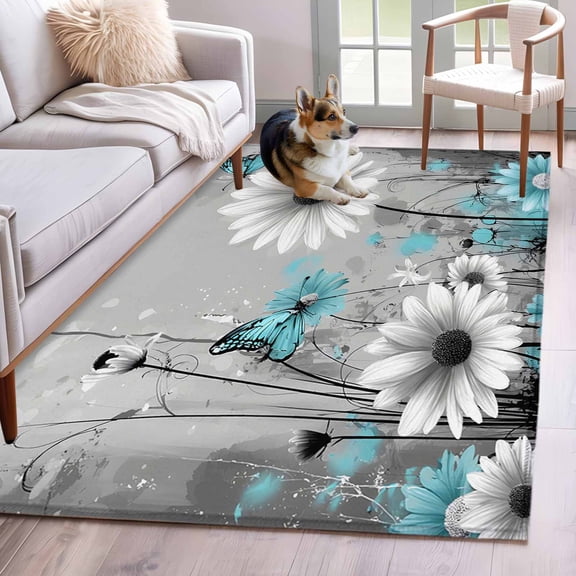 Teal Gray Daisy Butterfly Washable Area Rug 3x5 Nature Floral Wildflowers Abstract Low-Profile Small Area Rugs with Non Slip Backing Indoor Floor Carpet for Entrance Living Room Bedroom Home Office