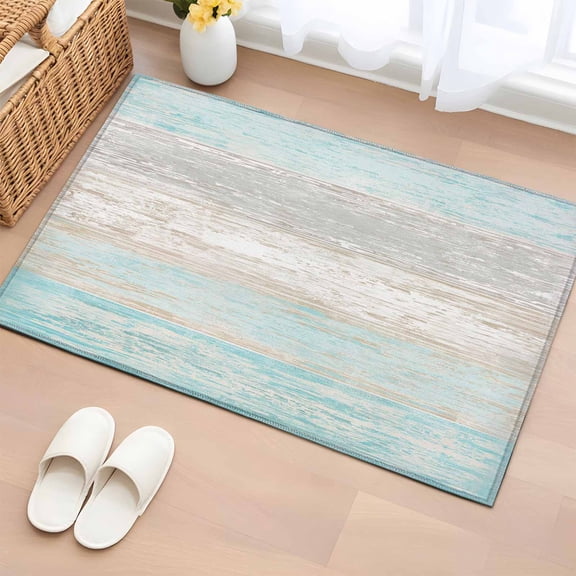 Teal Gray Entryway Rug 2'x3' White Gradient Rustic Striped Minimalist Country Small Area Rug Non-Slip Front Door Mat Washable Floor Carpet for Indoor Entrance Kitchen Bathroom